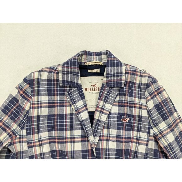 Hollister Women's Blazer Size L Blue Plaid 3/4 Sleeve Preppy - Picture 3 of 13